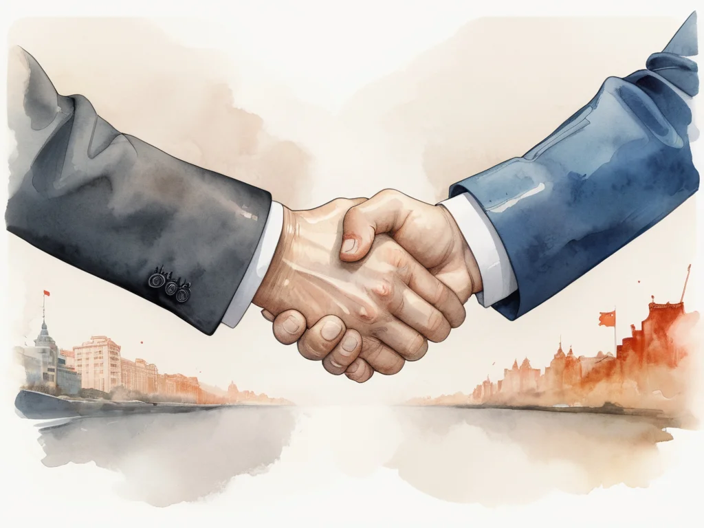 Two hands in business suits clasp in a handshake. A watercolor cityscape with Chinese architecture and flags is visible in the background, suggesting an international business deal or diplomatic agreement.