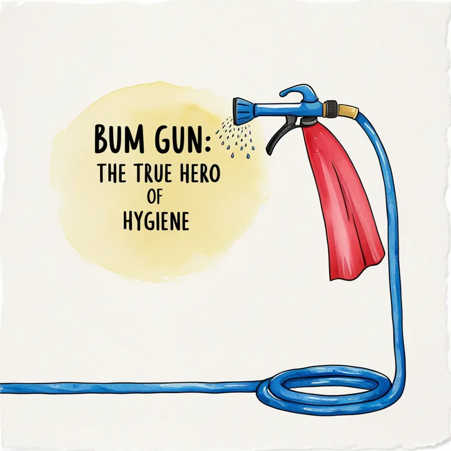 Illustration of a bum gun with a superhero cape symbolizing hygiene