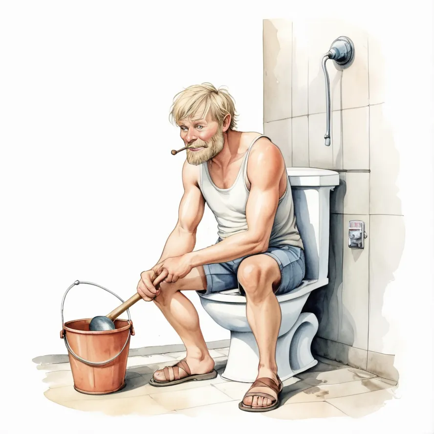 A tourist sits on a toilet, holding a bucket and ladle, apparently lacking toilet paper and looking perplexed.