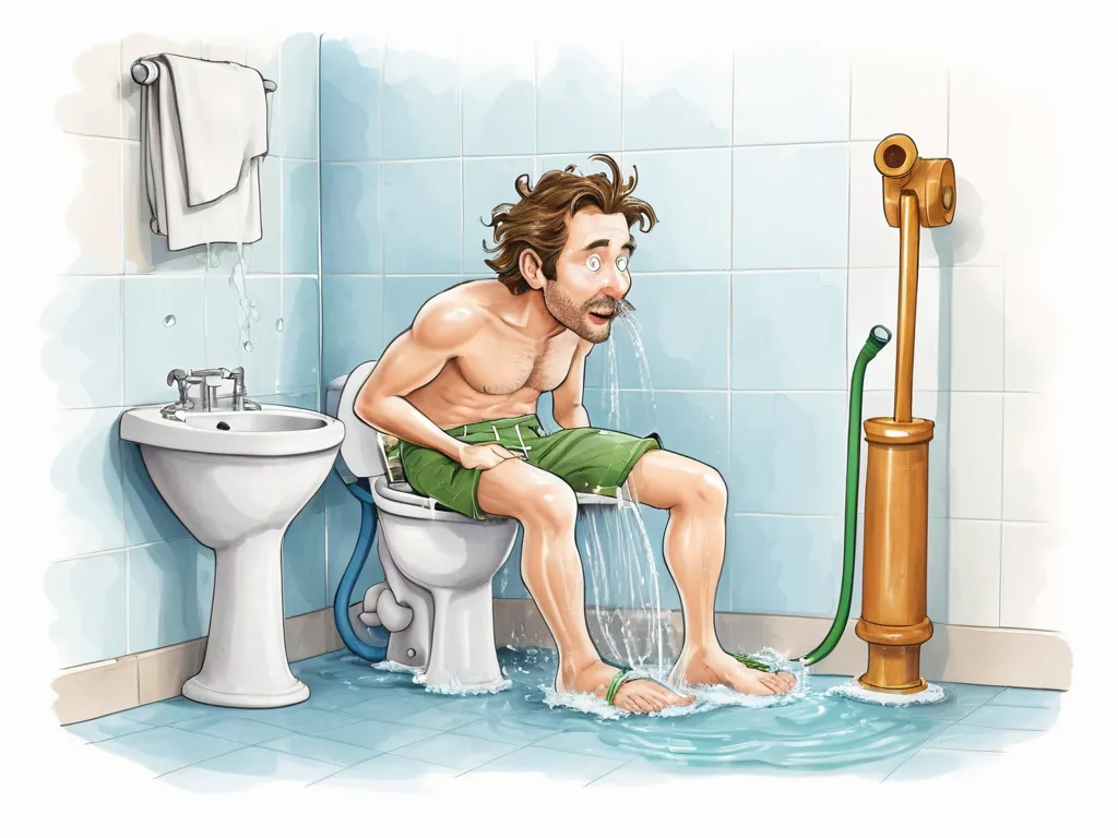 Humorous cartoon of a man soaking wet on a toilet in a flooded bathroom